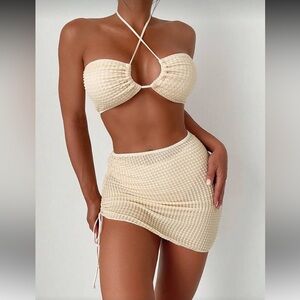 Cream Textured Bikini Set w/ Cover Up Skirt Size Medium